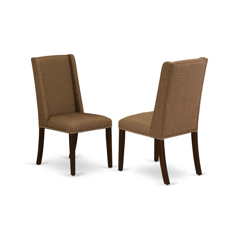 Florence Classic Parson Chairs - Nailhead Trim Brown Linen Fabric Upholstered Dining Chairs, Set of 2, Mahogany, Mahogany