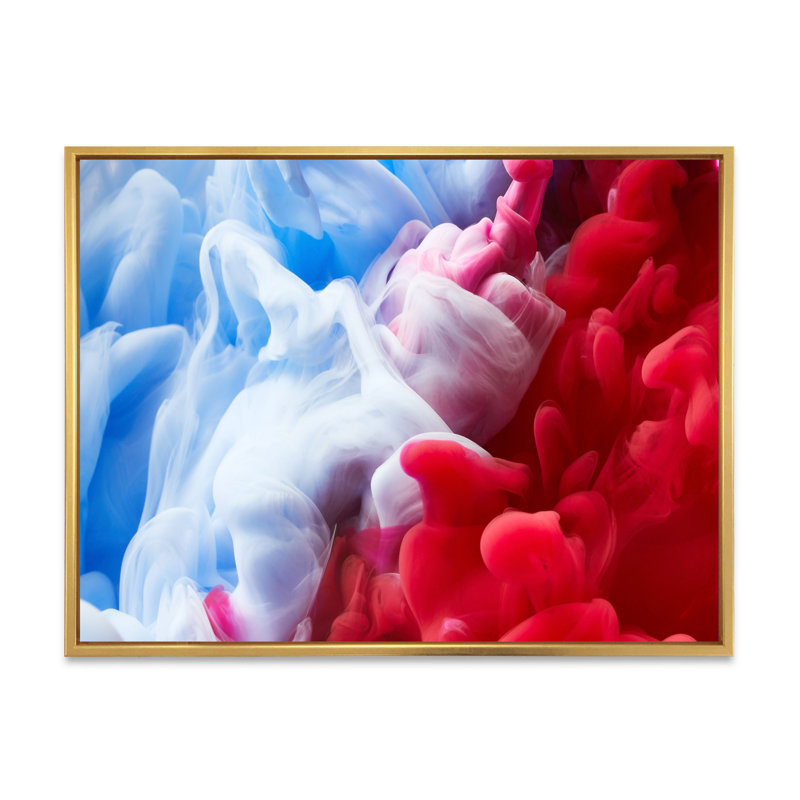 Encre bleue et rose liquide II, reproduction sur toile flottante, H 12 po x l 20 po x P 1 po, Cadre flottant doré
