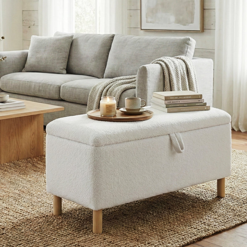 Fabric Upholstered Storage Bench, Cream