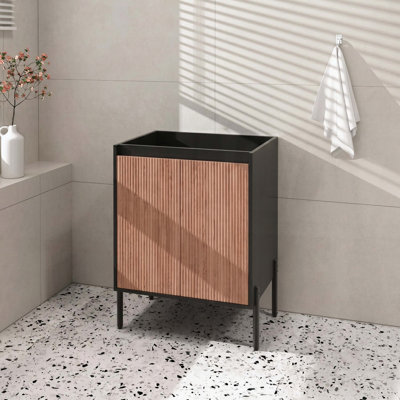 Meuble-lavabo de salle de bain autoportant ou mural seulement, avec portes doubles à fermeture amortie et tablette réglable, noyer et noir