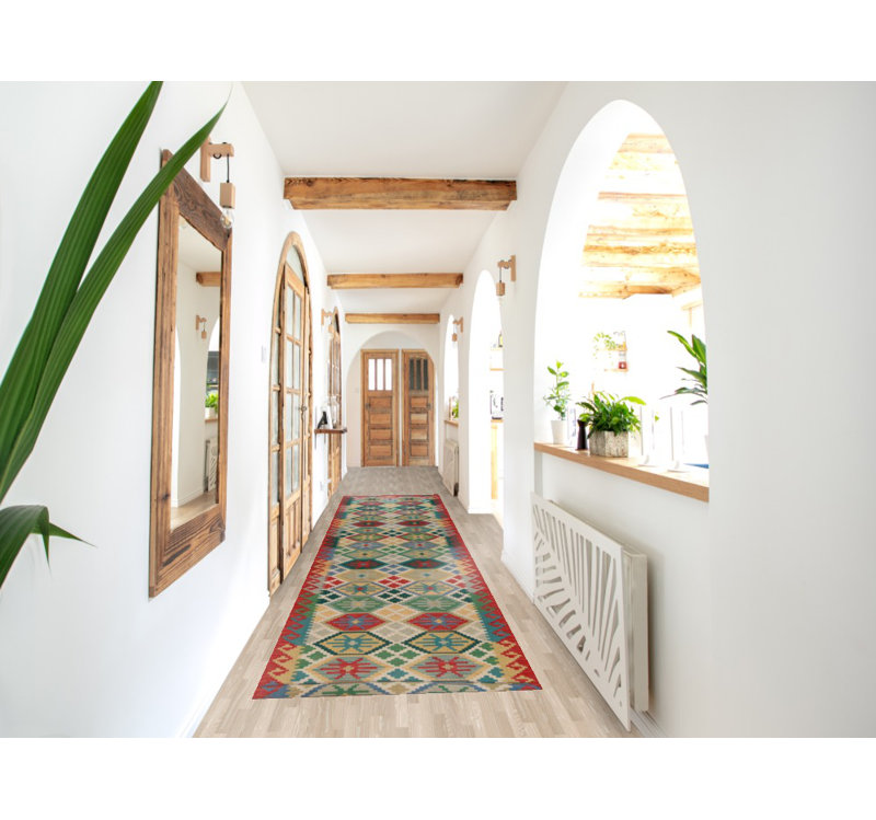 Tapis de couloir oriental multicolore en laine Kilim 3 x 16
