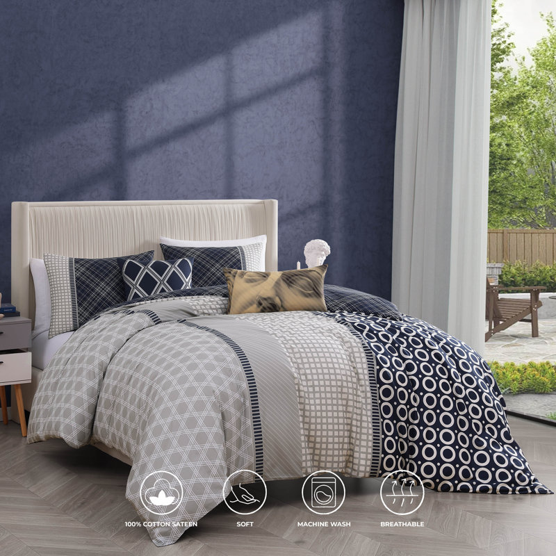 Bebejan Vertigeo 100% Cotton Sateen 5 Piece Reversible Comforter Set, King Comforter + 4 Additional Pieces