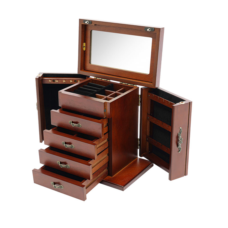 Boîte de rangement pour bijoux 5 portes en bois avec miroir et 2 armoires pivotantes