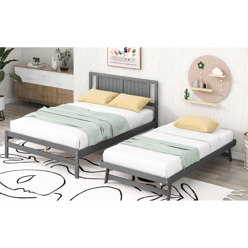 Gray Full Platform Bed With Adjustable Trundle - Functional Pine Wood Contained