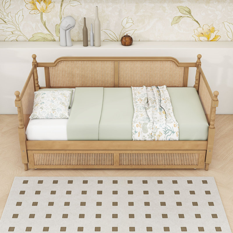 Rattan Wooden Daybed with Twin Trundle, Twin, Antique Walnut