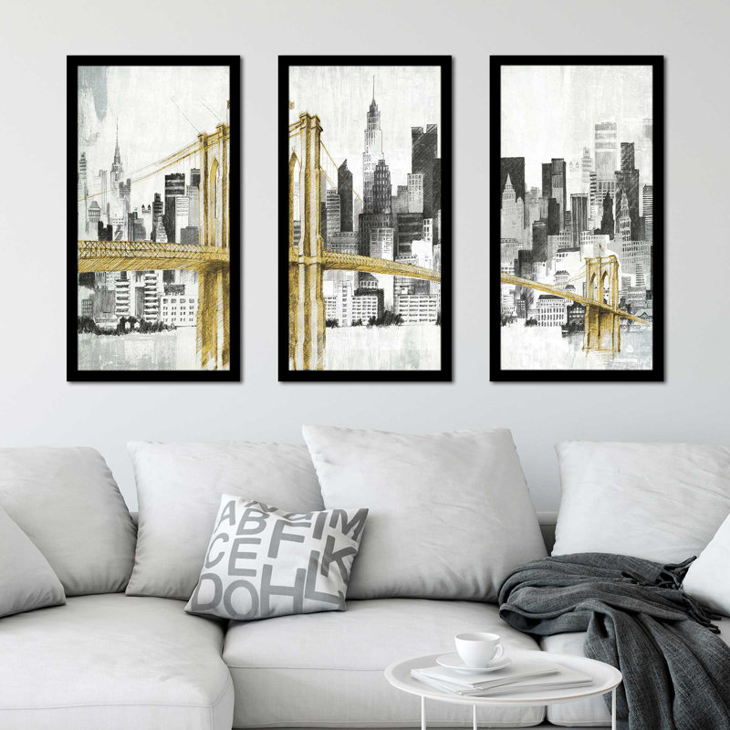 New York Skyline I - pont jaune - peinture sur cadre 3 pièces, L 52,5 po x H 33,5 po x P 1 po
