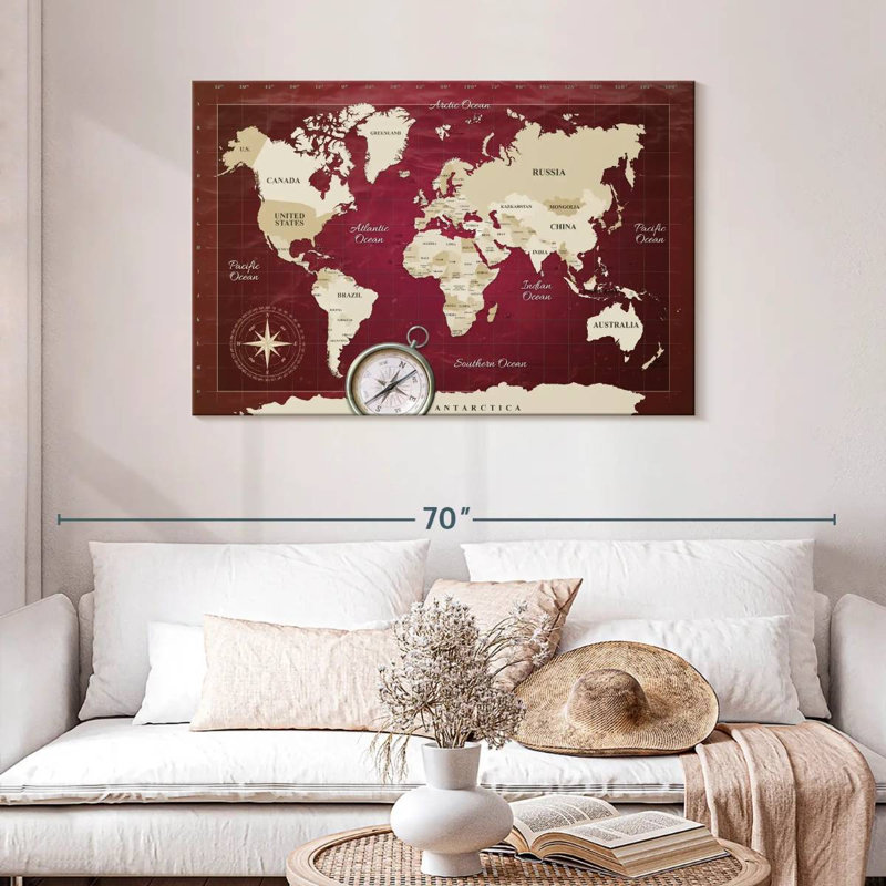 Aliaz Red Longitude World Map, 30" H x 45" W