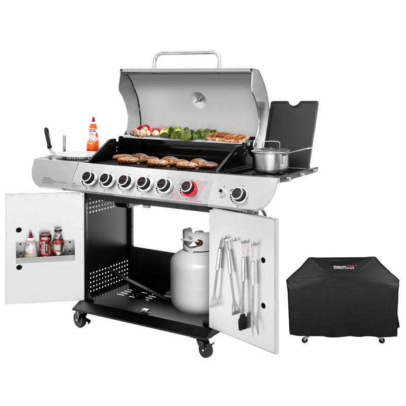 Barbecue au gaz Royal Gourmet à 6 brûleurs avec brûleur Sear et brûleur latéral avec couvercle, argent