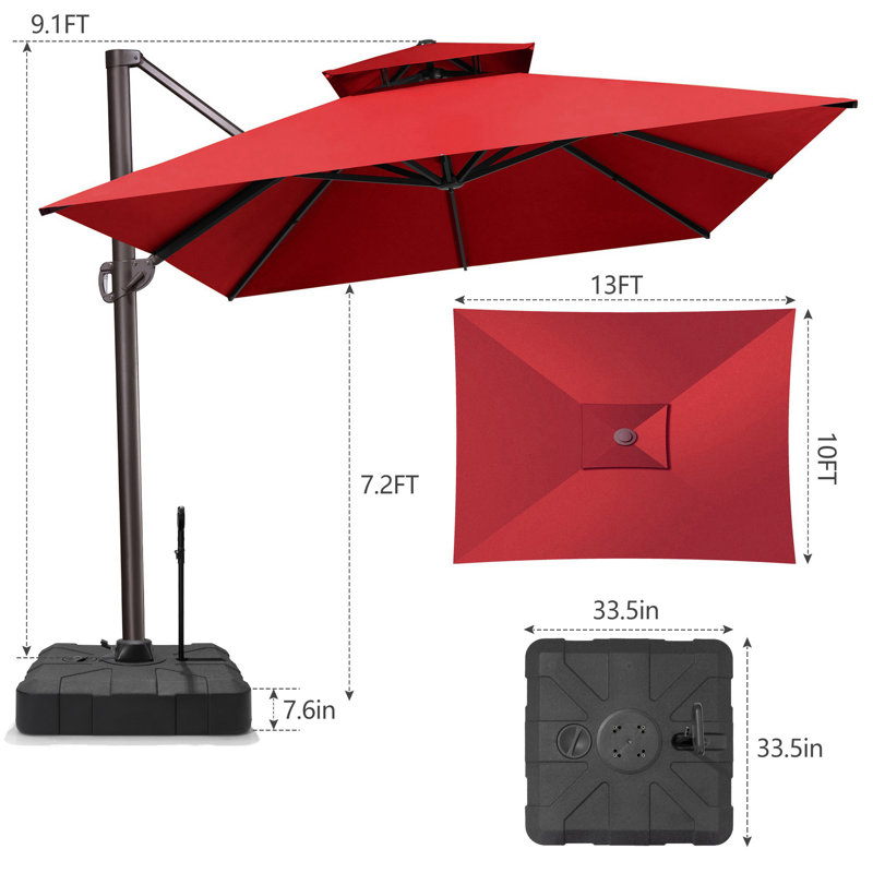 Parasol en porte-à-faux de patio 10 x 13 pi avec base lestée - déplaçable sans effort par une seule personne, Rouge