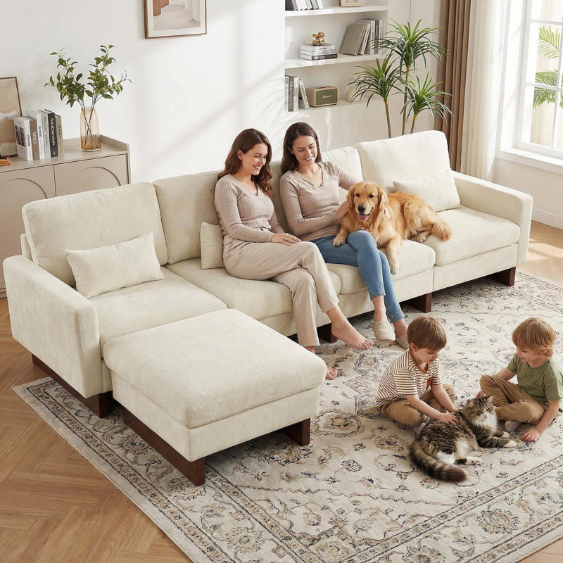 Canapé modulaire rembourré en chenille de forme large L de 124 po de large avec dossier rembourré et repose-pieds amovible beige