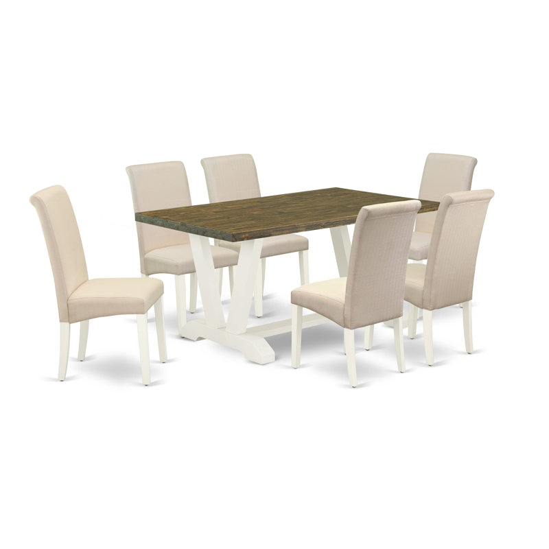 Table de salle à manger 7 pièces à plateau rectangulaire en bois massif patiné 7 pièces avec dossier en treillis