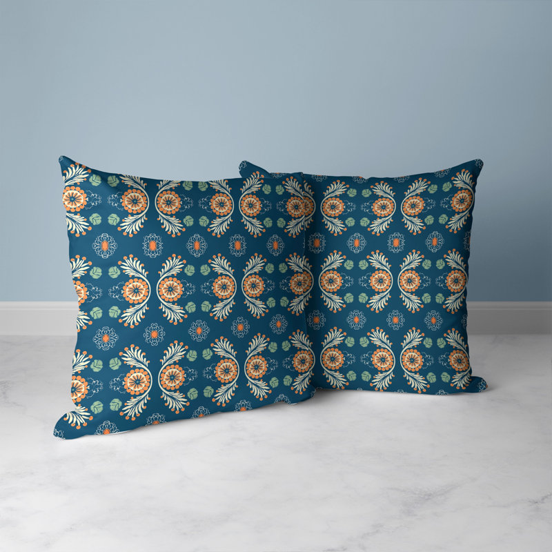 Blue and Orange Floral Reversible Square Throw Pillow