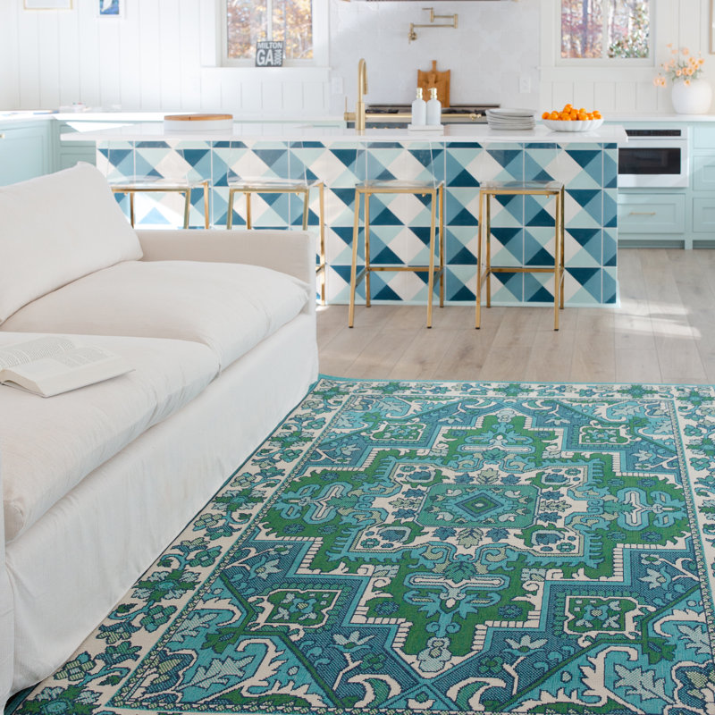 Tapis bleu / vert Aganlane, Rectangle 3 pi 7 po x 5 pi 7 po