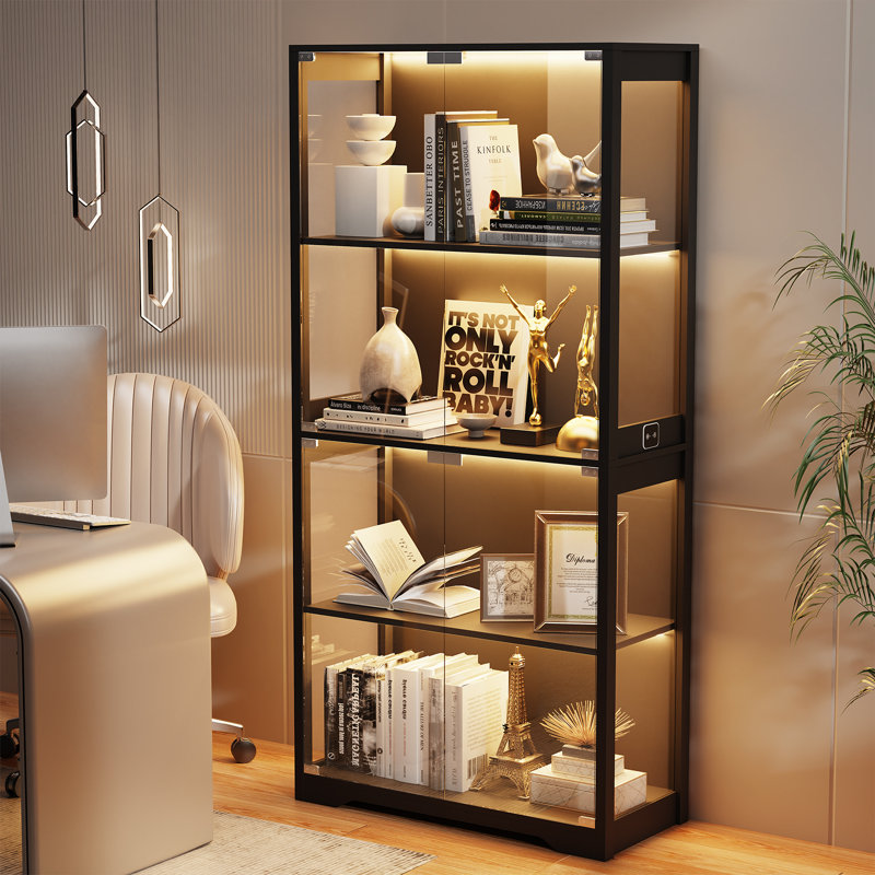 Display Cabinet with Glass Doors, 4-Tier Curio Cabinet with 3 Color Lights for Collectibles, Black