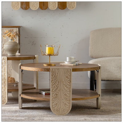 Table basse sculptée en bois - Table de bout rétro - Rangement double couche - Style palais - Pour petits espaces