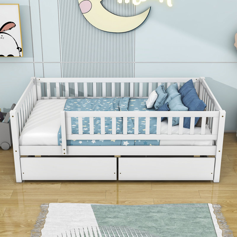 Twin Size 2 Drawers Wooden Daybed with Fence, White