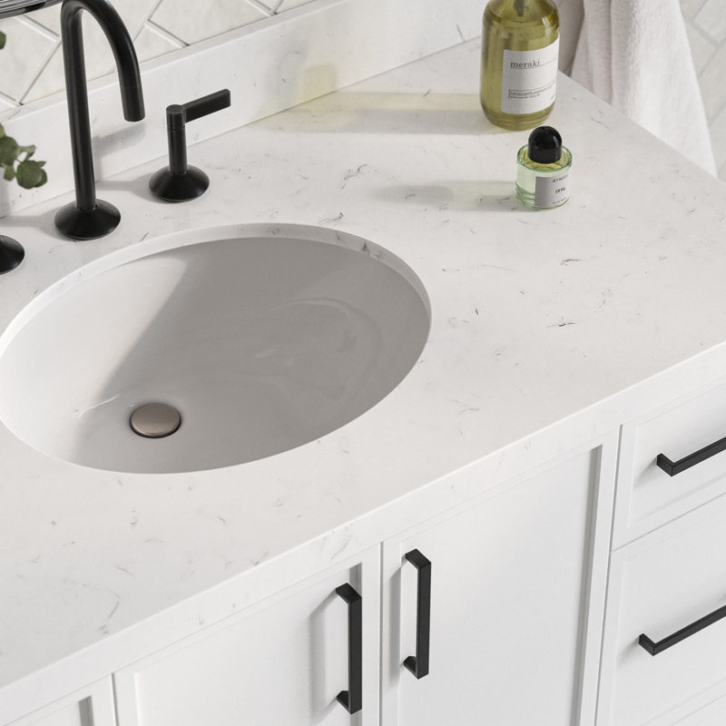 Ensemble de meuble-lavabo simple avec plateau en quartz ARIEL Kellie, Blanc, 42"