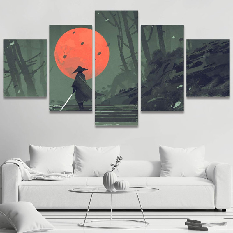 Japanese " Samurai Standing On Stairway In Night Forest With The Red Moon On Background " 5 - Pieces