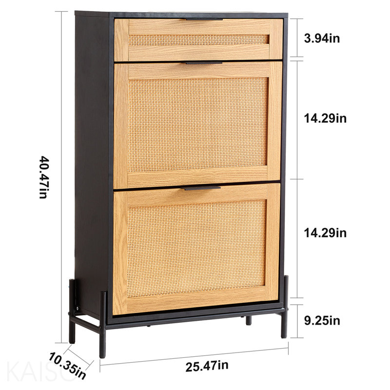 Rattan Shoe Cabinet, Narrow Shoe Storage Organizer With 2 Flip Rattan Drawers & 1 Slide Drawer, Metal Legs, Slim Shoe Entryway Cabinet Ideal For Entryway, Closet, Hallway, Black