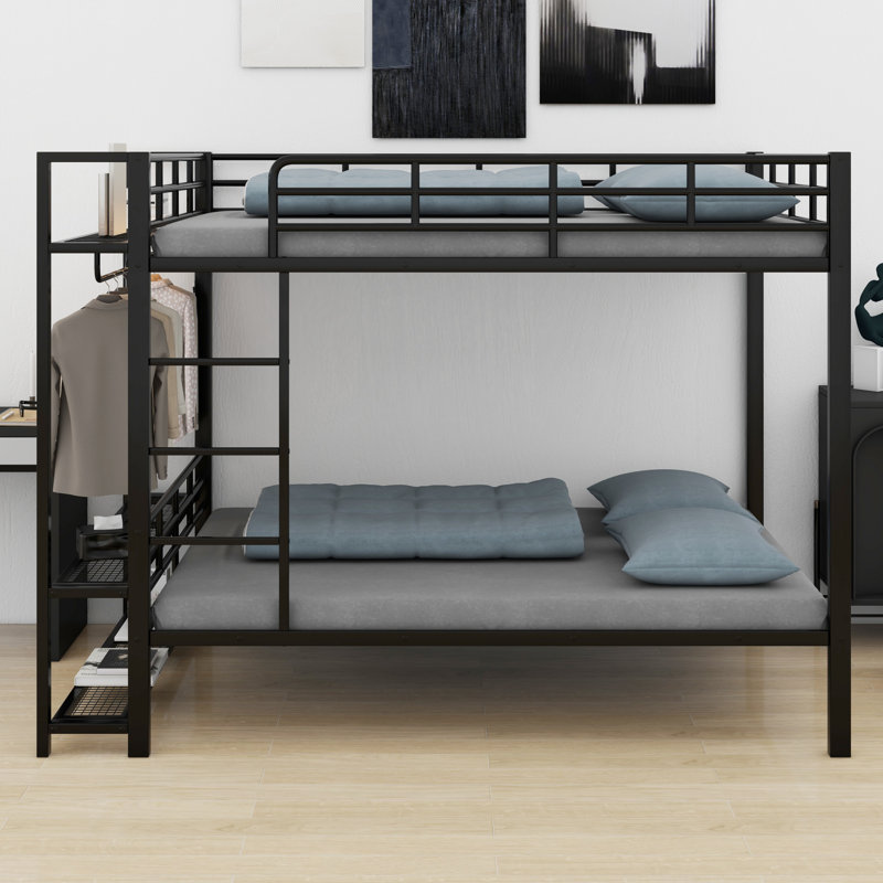 Metal Bunk Bed With Storage Mesh Shelves And Clothes Hooks,LED Light, White
