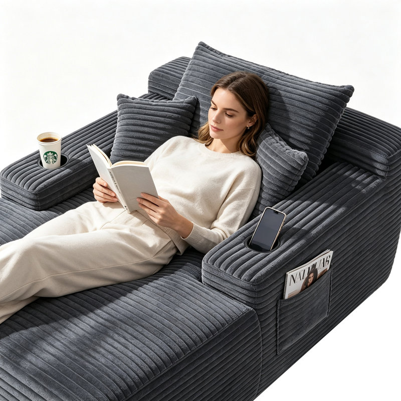 Chaise longue 67 po en velours côtelé avec porte-gobelets et poche latérale, ressorts ensachés et mousse haute résilience