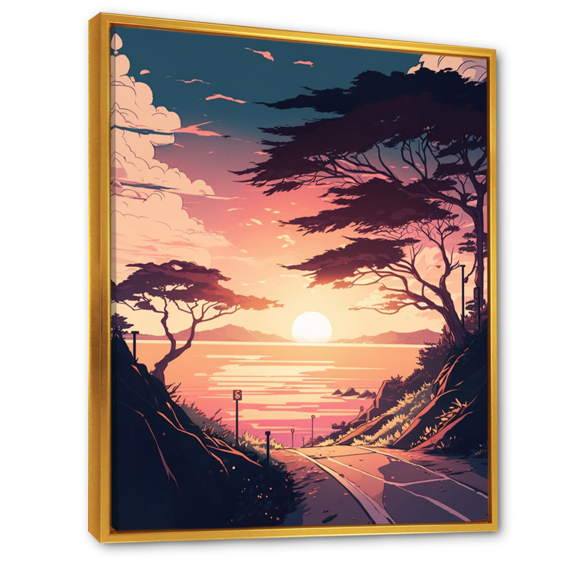 «Road to the Sunset VII», reproduction sur toile, L 24 po x H 32 po, Cadre flottant doré