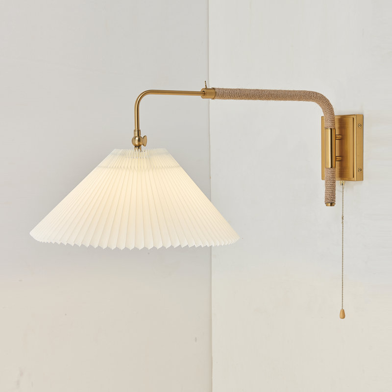 16" 1-Light Wall Sconce in Gold – Adjustable Arm with Fabric Shade, Button Switch