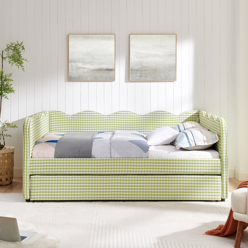 Lit de jour double en vichy double avec couchette simple sans sommier, avec port USB et adorable tissu en forme de vague