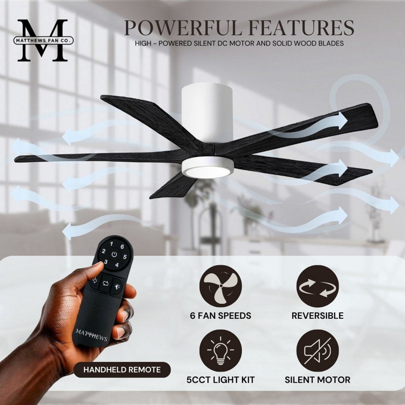 Irene Flushmount Light Kit 5 Blade LED Ceiling Fan, Matte Black, 60", Gloss White