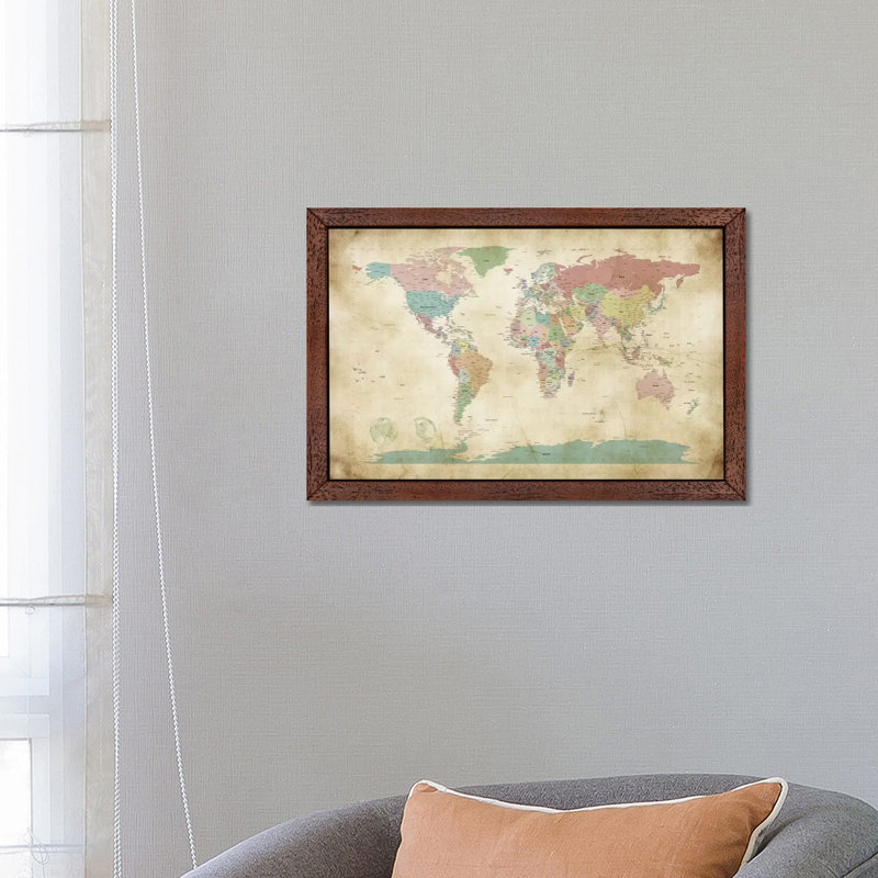 World Cities Map by Michael Tompsett - 1 Piece Wall Art on Canvas, 101.6 cm H x 66.04 cm W, Brown Framed