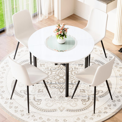 White 42 Inch Round Dining Table Paired With 4 Artificial Leather Chairs, High - Temperature Glass Inlay, Adjustable Non Slip Feet Modern Pu 20 Tempered Glass, Lower Transparent Shelf For Magazines