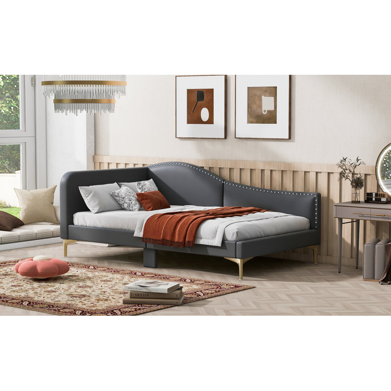 Lit de jour simple tapissier avec tête de lit et accoudoirs, pieds de support, gris, Gris
