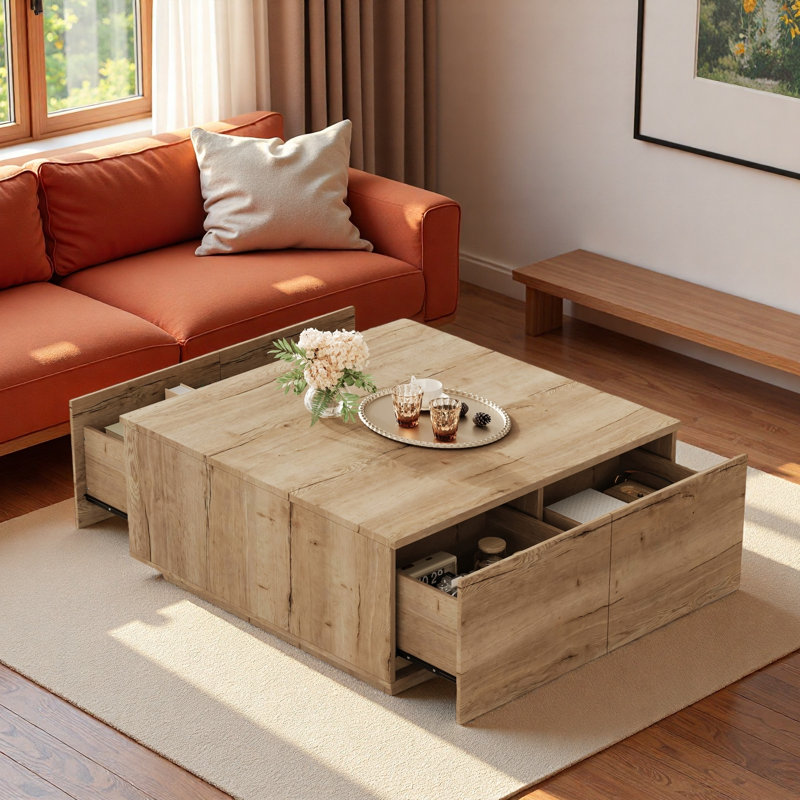 Table basse moderne carrée avec 4 tiroirs, Naturel