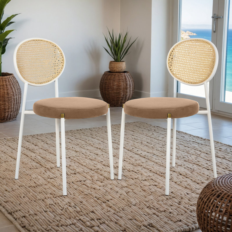 Charlotta Modern Wicker Dining Chair with Velvet Round Seat, Cane Rattan Back, and White Metal Legs – Mid-Century Boho Accent Side Chair