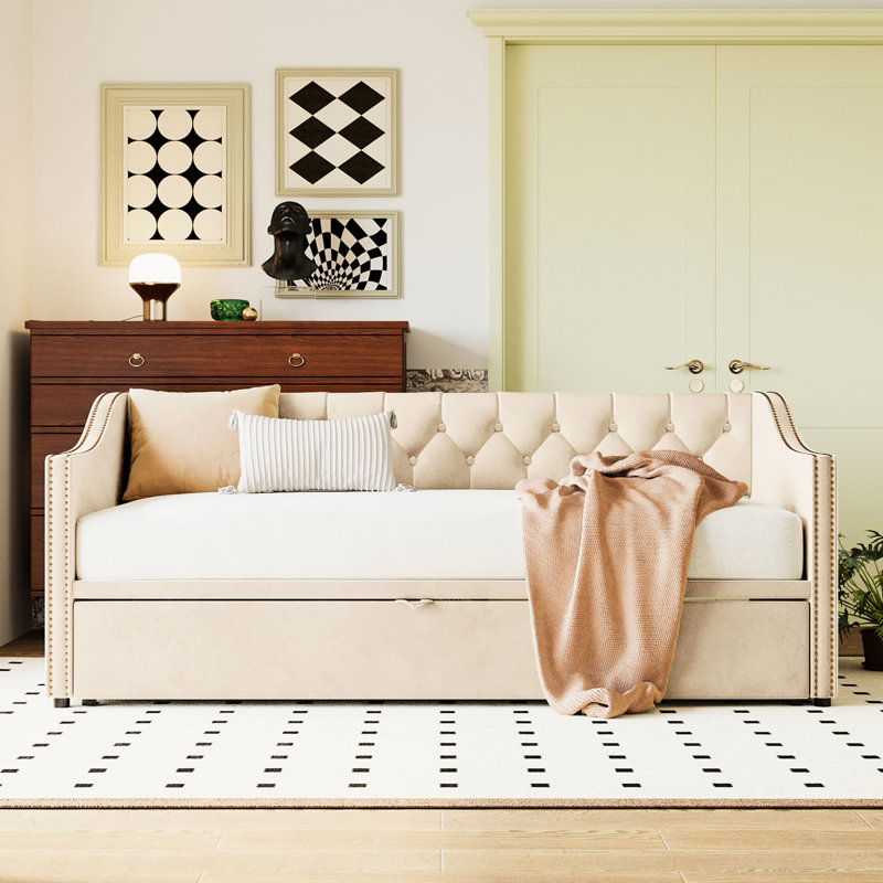 Lit de jour simple beige avec lit gigogne escamotable - Lit multifonctionnel pour toute occasion, Beige