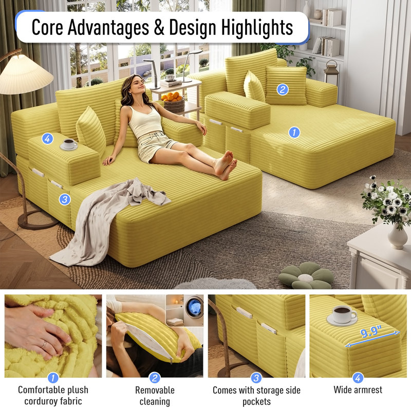 Ensemble de chaise longue surdimensionnée 2 pièces, Tissu jaune