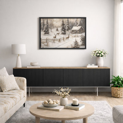 Hiver, campagne rustique, Noël, cerf, pin, forêt, décor de vacances, impression sur toile encadrée