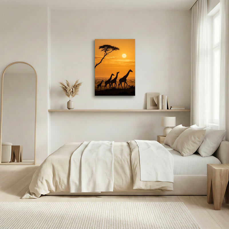 «Giraffes Silhouette Walking Pass Acacia Tree at Golden Sunset», art mural sur toile, 40"H x 28"W