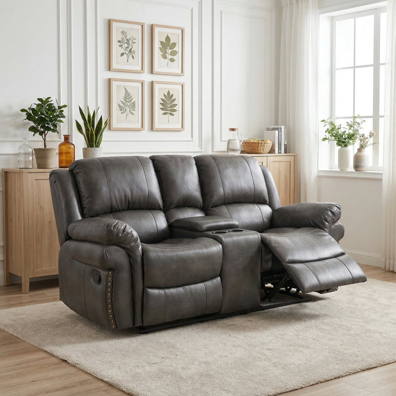 Causeuse inclinable manuelle en similicuir de 73,2 po avec console centrale et porte-gobelets en gris, Gris