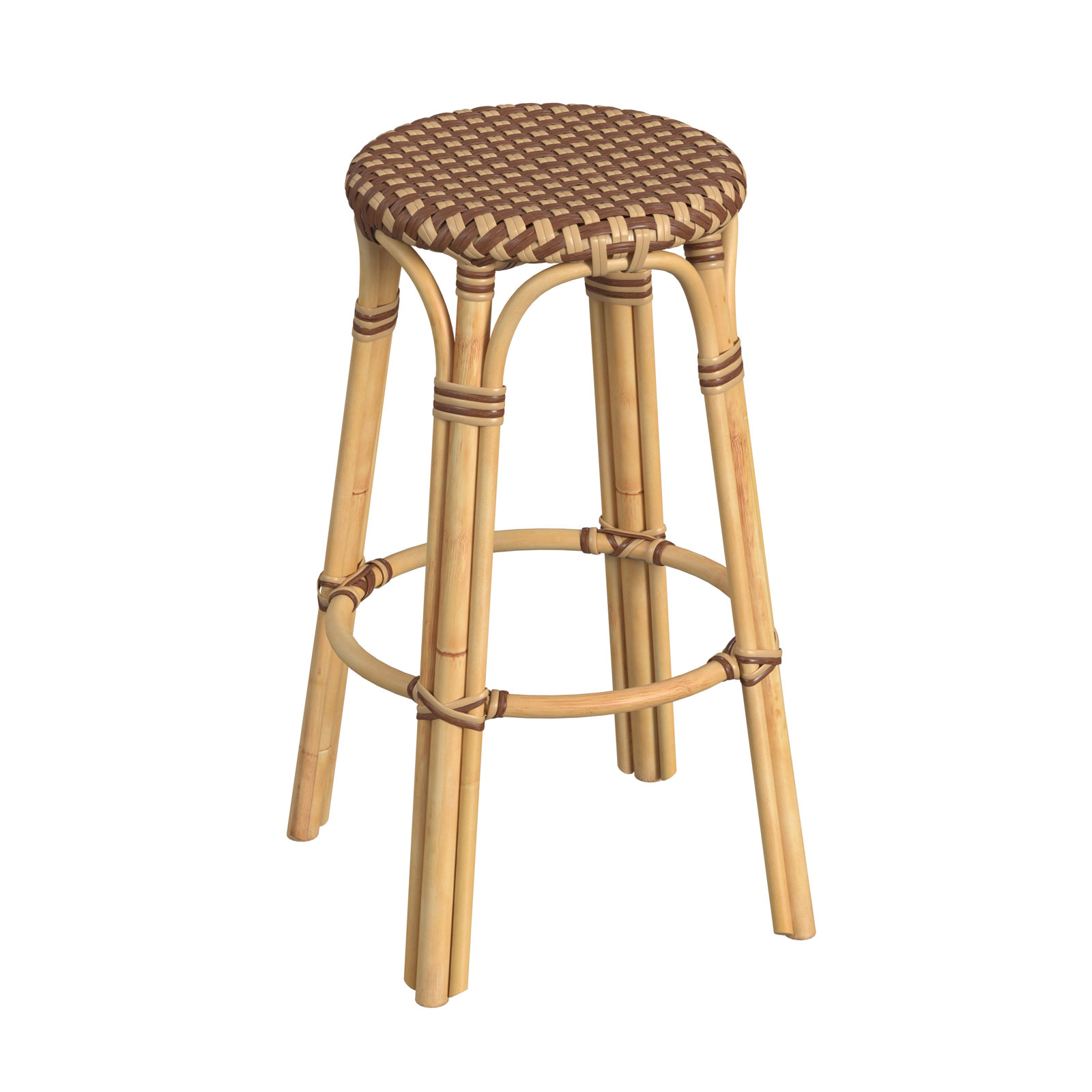 Alastair Bar & Counter Stool, Bar Stool (30" Seat Height), Brown/Tan Dot/Natural Rattan Frame