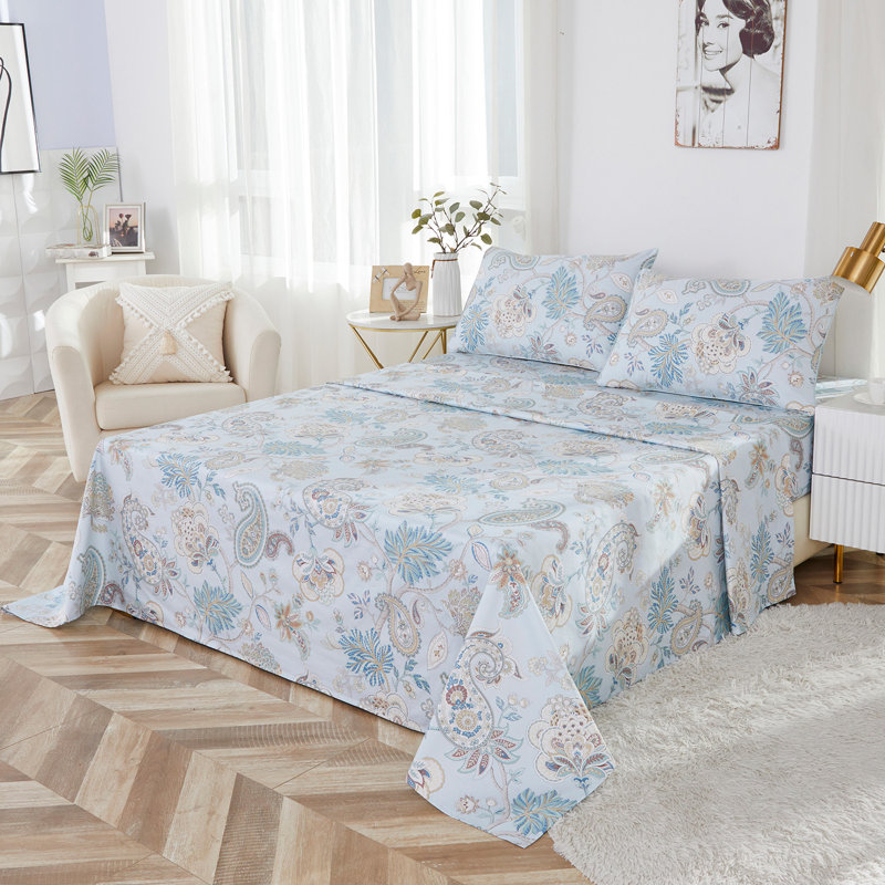 Ensemble de draps 100 % coton égyptien, 4 pièces, 800 fils/cm², style bohème damassé bleu classique luxueux, pour chambre à coucher ou chambre d'amis, toutes saisons.