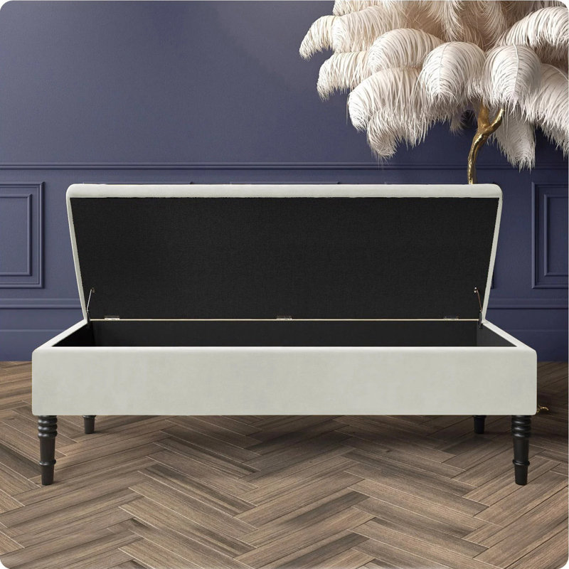 Safar Plain Upholstered Plush Velvet Ottoman Storage Bench with Black Turned Wooden Legs, Cream, 40cm H x 120cm W x 40cm D