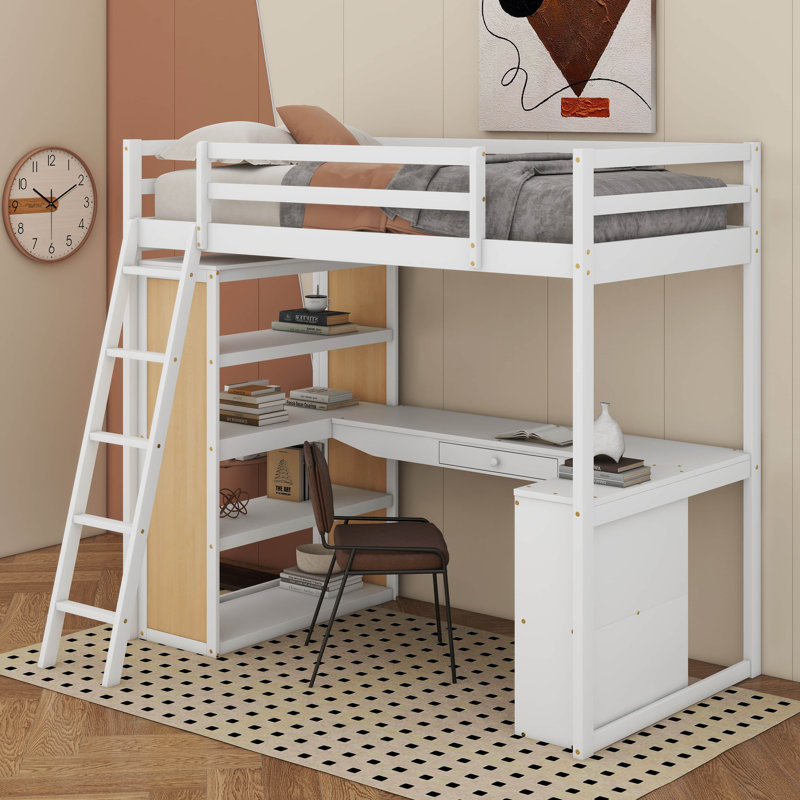 Lit mezzanine simple avec échelle, tablettes et bureau
