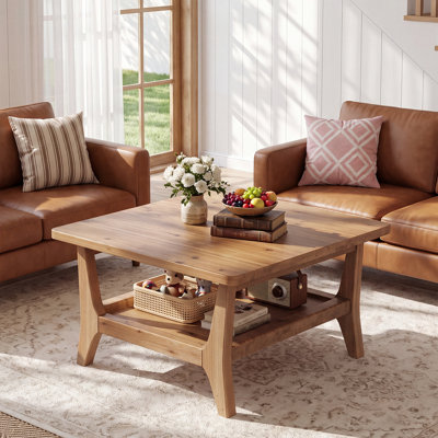 Solid Wood Coffee Table, Square Center Table with 2-Tier Storage, Natural Brown Wood Coffee Table, 31.5-Inch Mid-Century Center Accent Table for Living Room, Apartment, Balcony, Easy Assembly