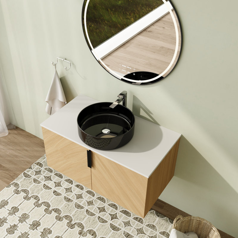 Meuble-lavabo flottant mural 36 po avec dessus en pierre reconstituée et portes à fermeture en douceur, Noir / blanc