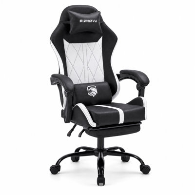 Mid Back Gaming Chair with Footrest, Computer Desk Chair with Headrest and Lumbar Pillow, 90°-135° Reclining Swivel Chair with Linked Armrests, Adjustable Rolling Office Chair for Bedroom, Study and Gaming