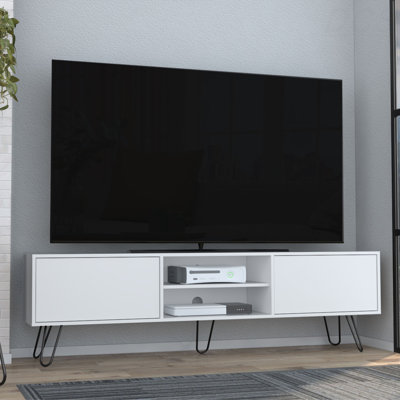 Meuble télé Vassel, unité de divertissement avec tiroirs à charnières et pieds en épingle à cheveux, meuble télé