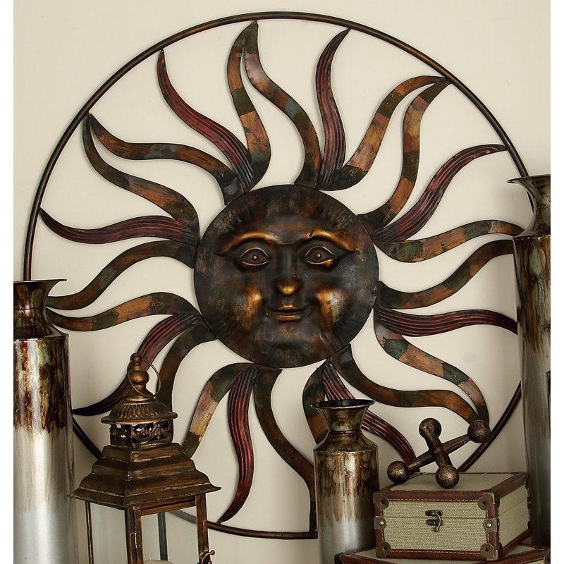 Brown Metal Indoor Outdoor Sun Wall Decor with Colorful Painted Accents