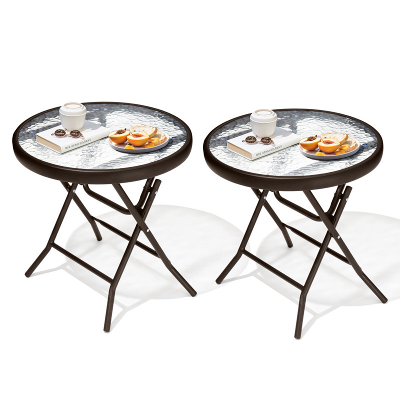 Table d'appoint d'extérieur pliée avec plateau rond en verre Hicham L 17,7 po x l 17,7 po, 2, Brun