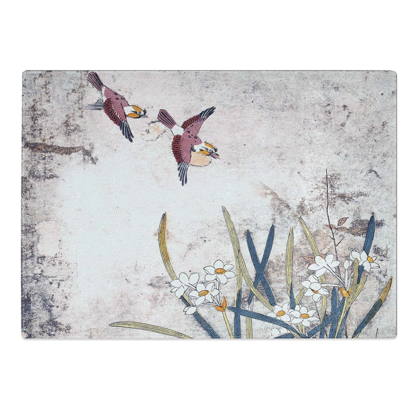 Tempered Glass Birds and Narcissus Chopping Board, 28.5 cm W x 20 cm L